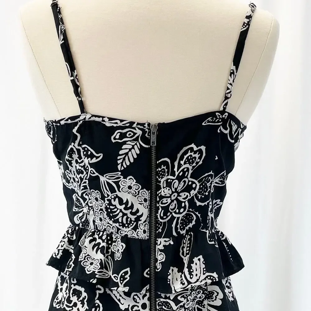 American Eagle Womens 6 Floral Sleeveless Dress Black White Peplum Sweetheart‎